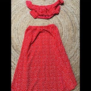 Polka dot ruffle bardot top and split thigh skirt